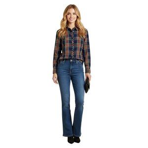 Talbots Tartan Plaid Tiny Gold Button Cotton Blend ButtonDown Blouse Size 8
